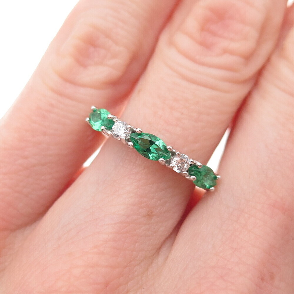 925 Sterling Silver Marquise-Cut Green & Round-Cut White C Z Ring Size 5